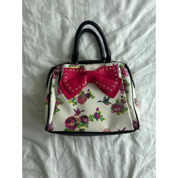 Betsey Johnson Pink Super Bow Hummbingbird Floral Satchel Floral Girly - Picture 1 of 8